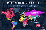 英國公司Veygo按汽車品牌搜索量繪製了一幅世界地圖，其中豐田在57個國家中搜索量第一(Veygo)