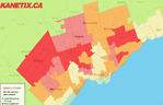 圖：安省保險公司Kanetix.ca發表的地圖顯示，顏色越紅的地區汽車保險費越貴，顏色越綠的地區保費越便宜。（Kanetix.ca提供）